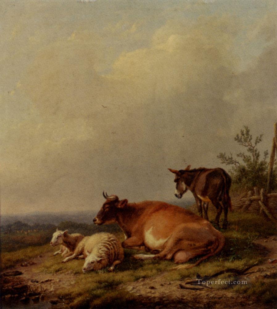 Una vaca, una oveja y un burro, Eugene Verboeckhoven, animal. Pintura al óleo